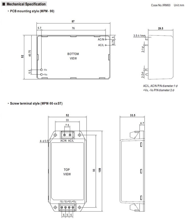 Meanwell MPM-90-15 Mechanical Diagram