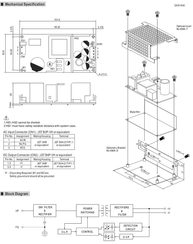 Meanwell EPS-65-3.3 Mechanical Diagram