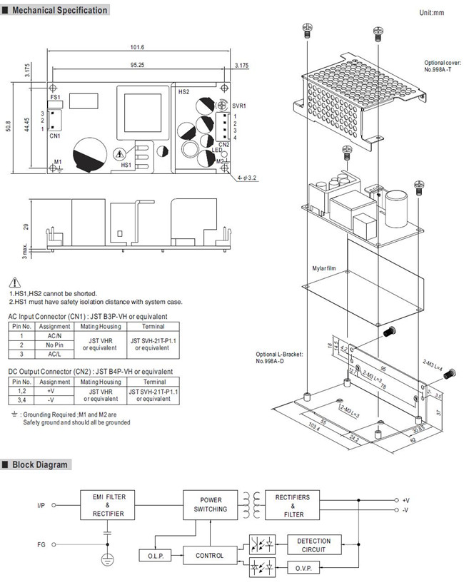 Meanwell EPS-65-36 Mechanical Diagram