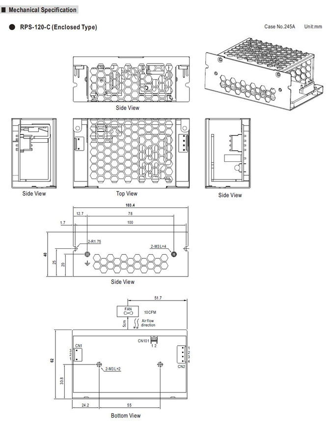 Meanwell RPS-120-15 Mechanical Diagram