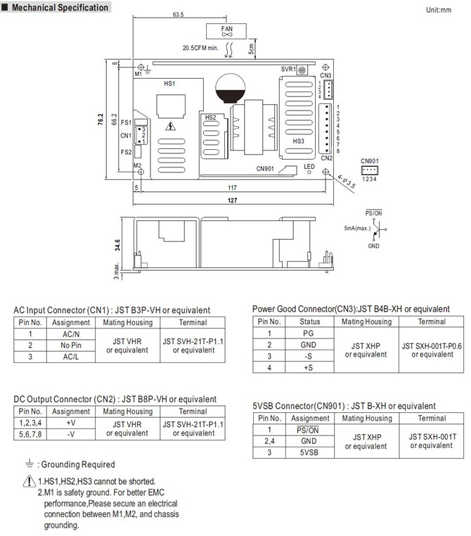 Meanwell RPS-160 Series Mechanical Diagram ycict