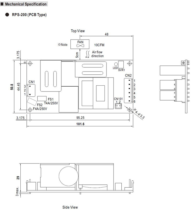 Meanwell RPS-200 Series Mechanical Diagram