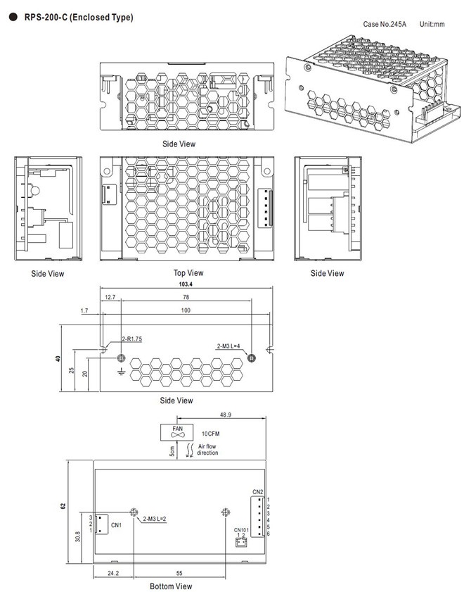 Meanwell RPS-200 Series Mechanical Diagram