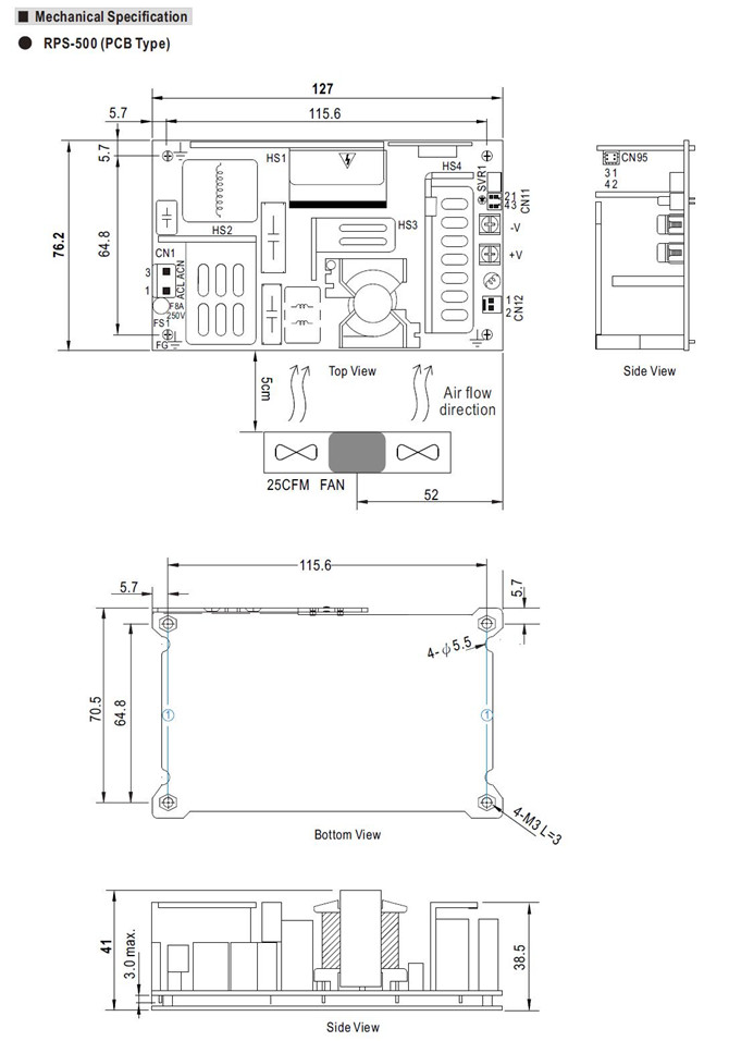 Meanwell RPS-500 Series Mechanical Diagram