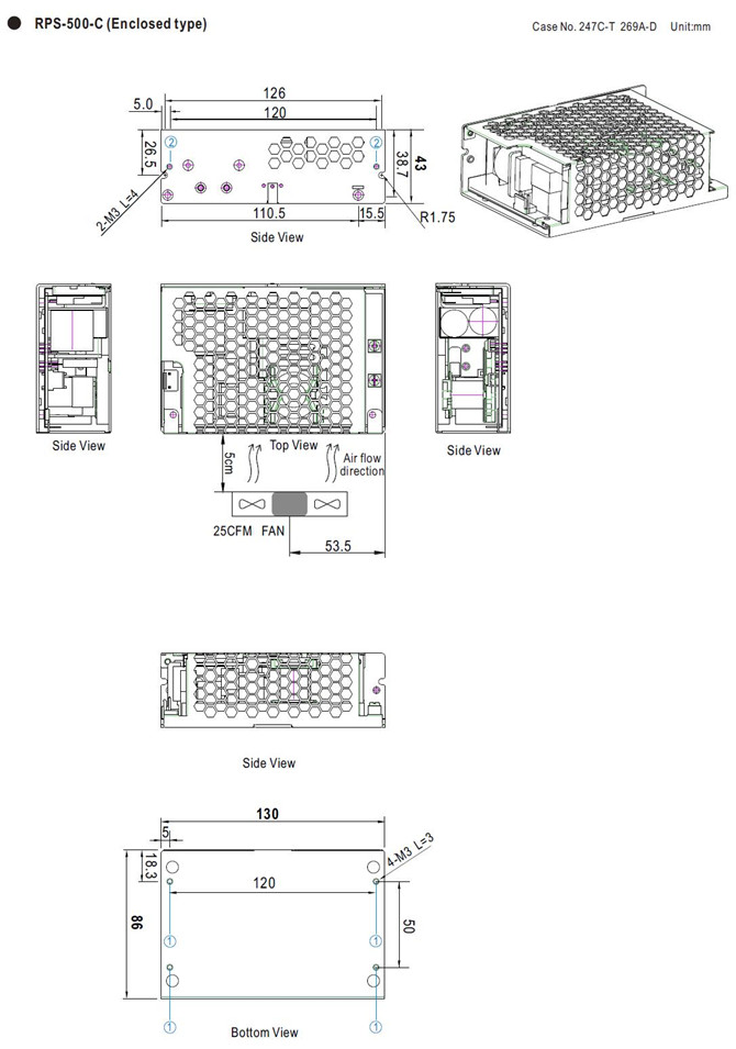 Meanwell RPS-500-24 Mechanical Diagram