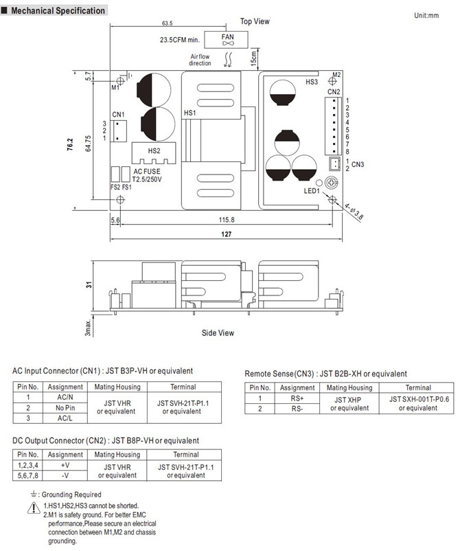 Meanwell RPS-75-5 Mechanical Diagram