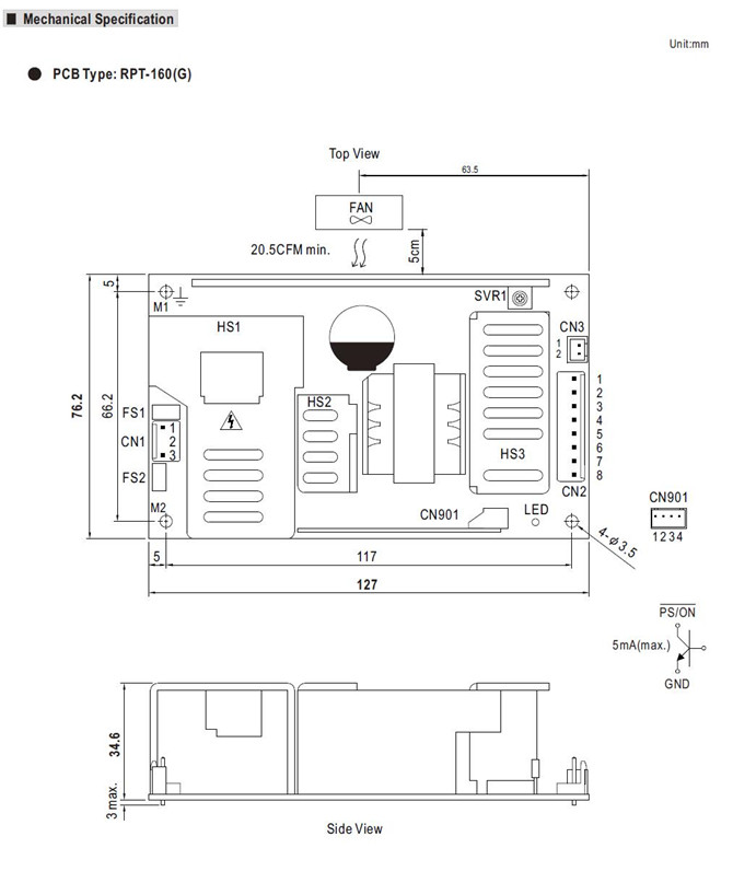 Meanwell RPT-160 Series Mechanical Diagram