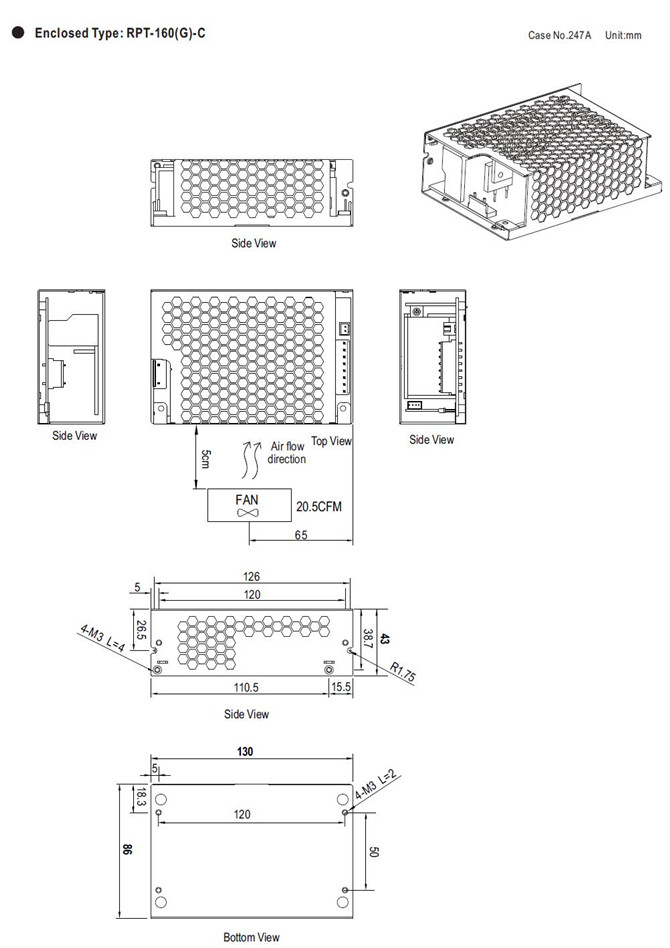 Meanwell RPT (G)-160D-C Mechanical Diagram