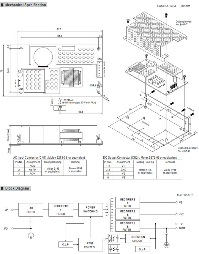 Meanwell RPT-65E Mechanical Diagram