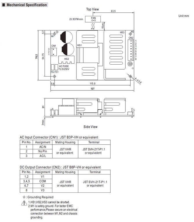 Meanwell RPT-75 Series Mechanical Diagram