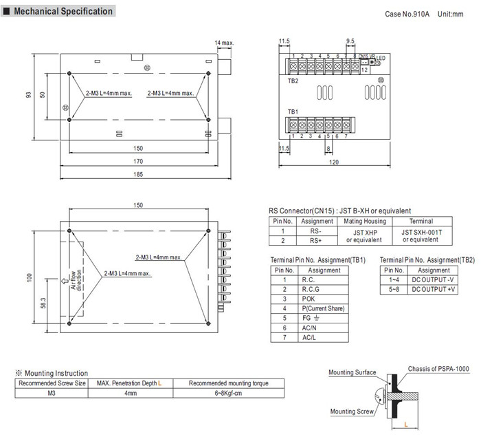 Meanwell PSPA-1000-15 Mechanical Diagram
