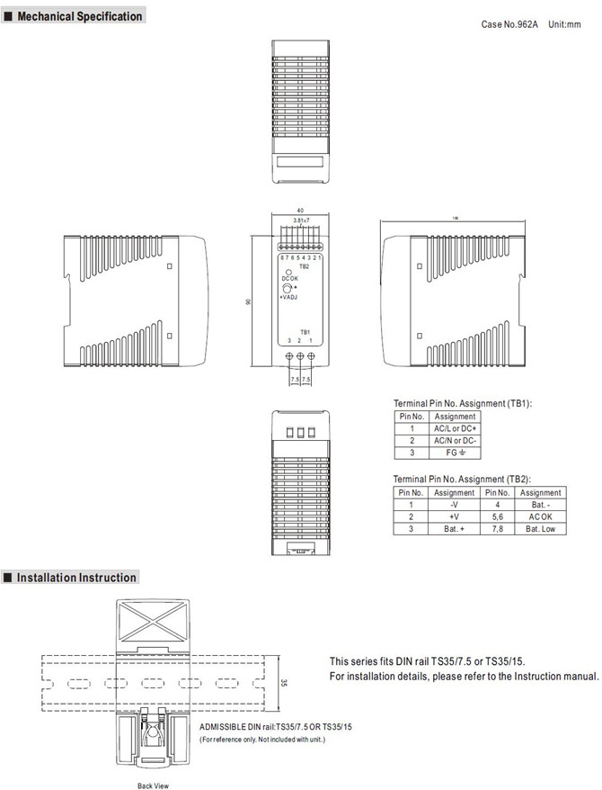 Meanwell DRC-40 Series Mechanical Diagram