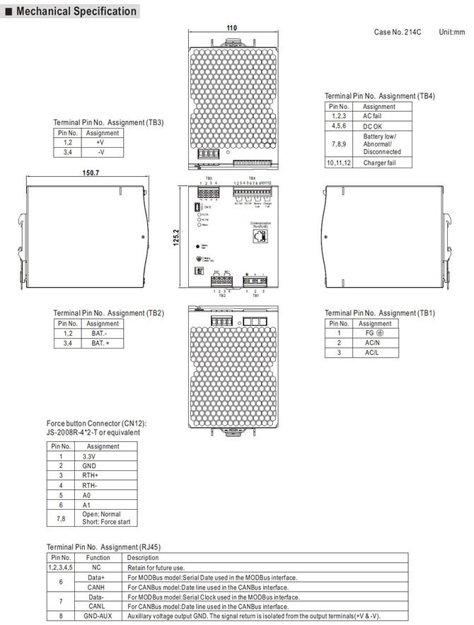 Meanwell DRS-480 Series Mechanical Diagram