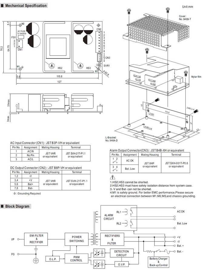 Meanwell PSC-100 Series Mechanical Diagram